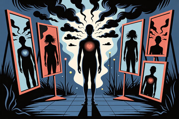 A man stands in front of a mirror with a heart on his chest