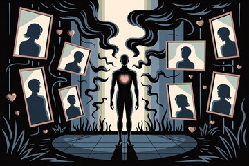 A man stands in front of a wall of pictures of people