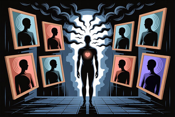 A man with a heart on his chest stands in front of a wall of mirrors