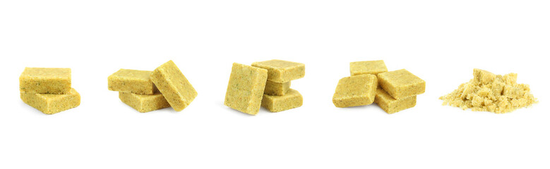 Golden bouillon cubes on white background, collage
