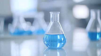 Blurred modern laboratory room with scientific background in white and light blue tones