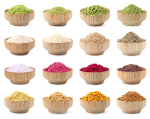 Different superfood powders in bowls on white background, collage