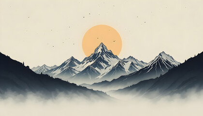 Minimalist mountain peaks, simple geometric forms, soft contrast