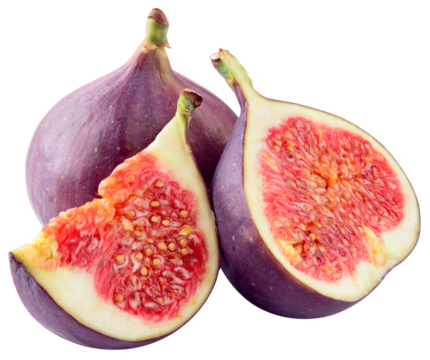 Fig isolated png. Figs with half and slice on white or transparent background. Fresh whole and cut purple fig no background. Full depth of field. Transparent png.