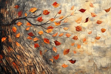 Autumn leaves blowing from a tree branch