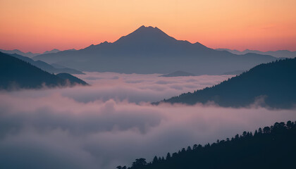 Minimalist mountain silhouette, soft fog, warm sunrise
