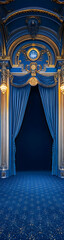 Elegant 1920s Art Deco Cinema Lobby with Golden Accents vertical banner - wide skyscraper - blue background