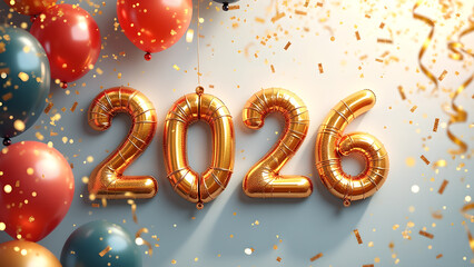 Celebratory 2026 New Year Decoration with Golden Balloons and Confetti