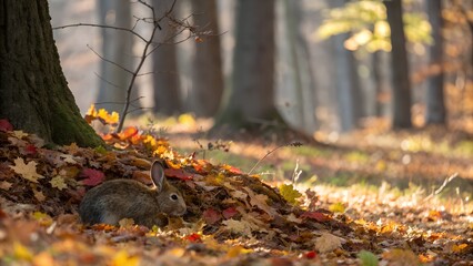 Obraz premium Wild rabbit hiding under autumn leaves in the forest