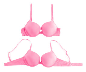 Beautiful pink bra isolated on white, collage. Top view