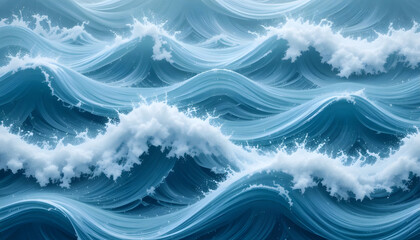 Minimalist ocean wave pattern, soft blues and white foam