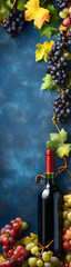 Wine Bottle with Grapes and Autumn Leaves on Blue Background – Harvest and Festivity Concept - vertical banner - wide skyscraper 