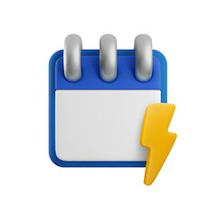 Vector cartoon 3d calendar flash sale icon. Realistic render of spiral calendar with lightning bolt. Hot time planner, limited deal concept, work project deadline reminder app minimal 3d icon.