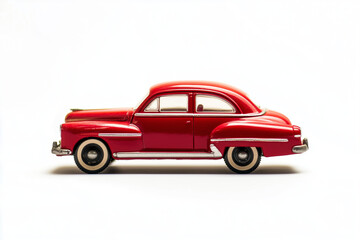 Fototapeta premium Bold red retro car toy, highly detailed with reflections, positioned on a pristine white surface