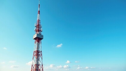 Obraz premium Tall broadcast tower against a clear blue sky, antennas reaching for the heavens , structure, vertical