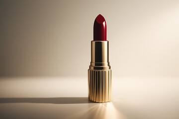 Classic red lipstick tube with a sleek golden accent, standing upright on a bright white background