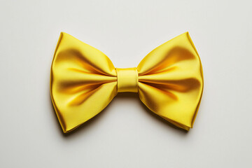 Bright yellow bow tie with a satin finish, perfectly tied, centred on a clean white background