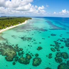 Obraz premium Aerial View of Tropical Island Beach with Turquoise Water and Coral Reef