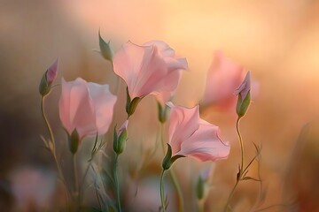 Obraz premium Delicate Pink Flax Flowers Blooming in Warm Sunlight, Soft Focus, Floral Beauty
