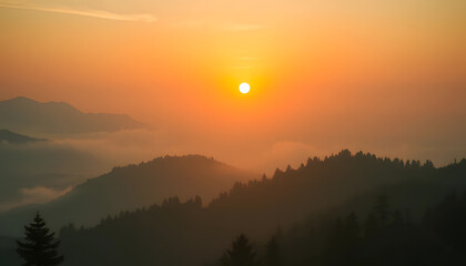 Misty mountain peaks, golden sunrise glow, cinematic landscape