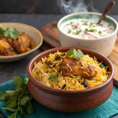 Isolated Bengali Chicken Biryani Served in Clay Bowl

