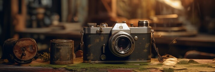 Stary aparat fotograficzny na drewnianym stole, styl vintage, sprzęt retro.