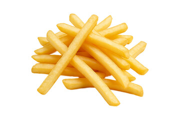 Golden crispy French fries stacked on a white background, showcasing delicious fast food snack, perfect for advertising, menu design, or culinary promotions