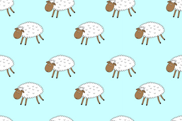 Beautiful seamless pattern with  cute sheep on  blue background. Animal. Flat design. For greetings, postcards, textiles, packaging, backgrounds, website.