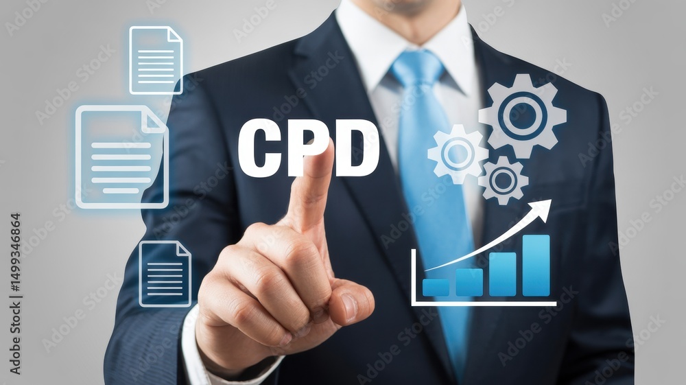 Poster businessperson interacting with a projected interface displaying continuous professional development