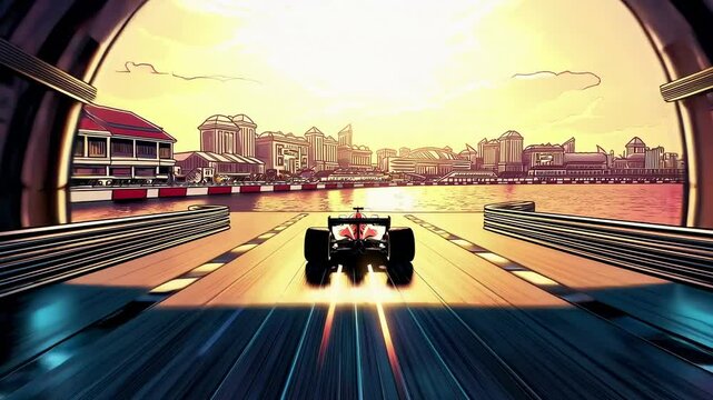 Dynamic video of F1 race car speeding fast through tunnel towards a bright cityscape. Comic book style