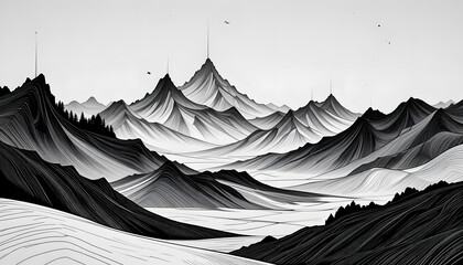 Monochrome landscape, simple line art, abstract mountains