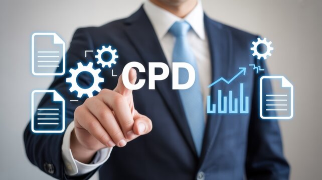 Businessperson pointing to a projected cpd icon.