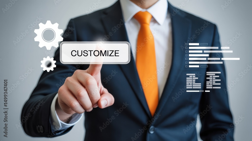 Poster a person in a suit touches a customize button on a transparent screen.