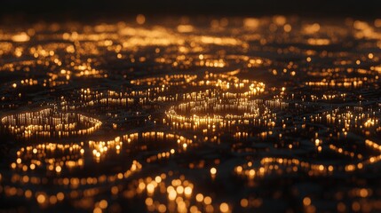 Glowing abstract landscape of circular, golden structures