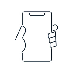 Blank screen of smartphone, phone in user's hand. Template. Flat design. Vector linear icon illustration isolated on white background.
