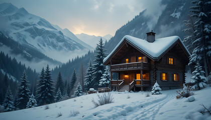 Mountain chalet under snowfall, glowing chimney smoke, warm winter feel