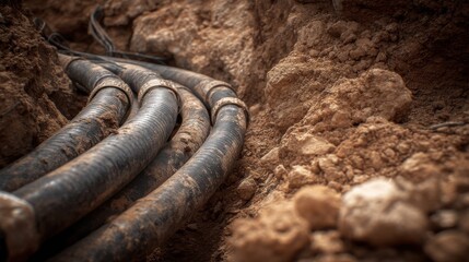 Fototapeta premium A High Resolution image of buried power cables unearthed utility infrastructure.