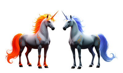Obraz premium Two Unicorns, Isolated Transparent Background, Neon Orange and Blue Design Elements