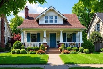 A charming neighborhood house with a well-maintained lawn, vibrant flowerbeds, and a welcoming porch Perfect for real estate, home improvement, or neighborhood lifestyle imagery , sky, light, windows