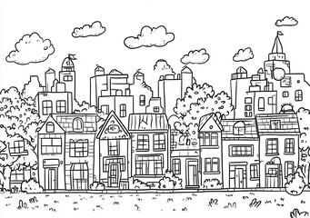 Rysunek wektorowy przedstawiający malowniczą linię miejską z domami, drzewami i chmurami na niebie.
