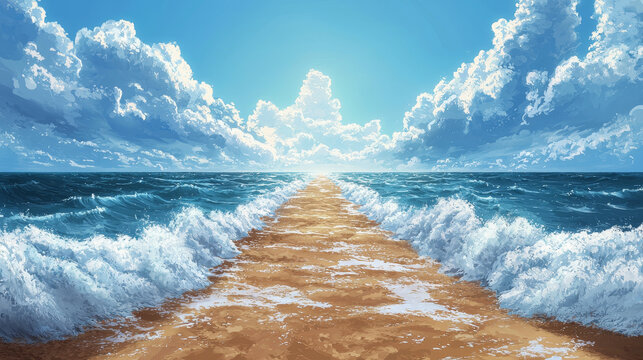 Ocean separate up to form canal. Bible miracle of Moses parting red sea for passage