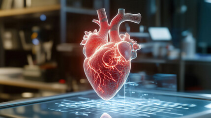 3D holographic representation of a human heart displayed on a digital interface. Heart is detailed with visible arteries and veins