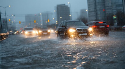 A High Resolution image of high Resolution image of cars drive through a flooded street during heavy rain in an urban area, highlighting extreme weather conditions and the impacts of. © Stock by Hemal