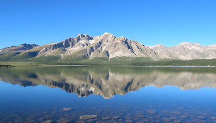 Mountaintop lake reflecting clear blue sky, peaceful and serene