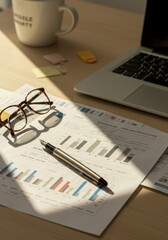 Office workspace with laptop, charts, glasses, and pen on table  