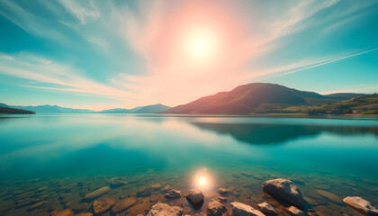 Mountaintop lake reflecting clear blue sky, peaceful and serene