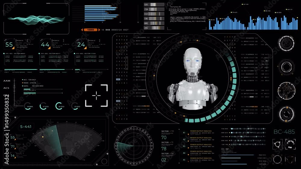 Poster motion graphic of blue digital robot head with hud ui and futuristic technology abstract background 