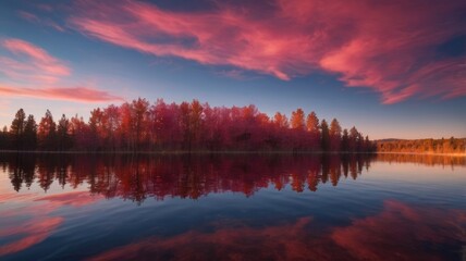 Fototapeta premium Pink Sunset Landscape Photography Lake Trees Reflection