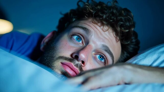 Sleepless man gazes restlessly in bed under moody blue night light