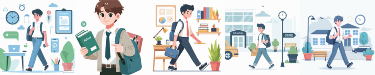 vector of a young man going to school